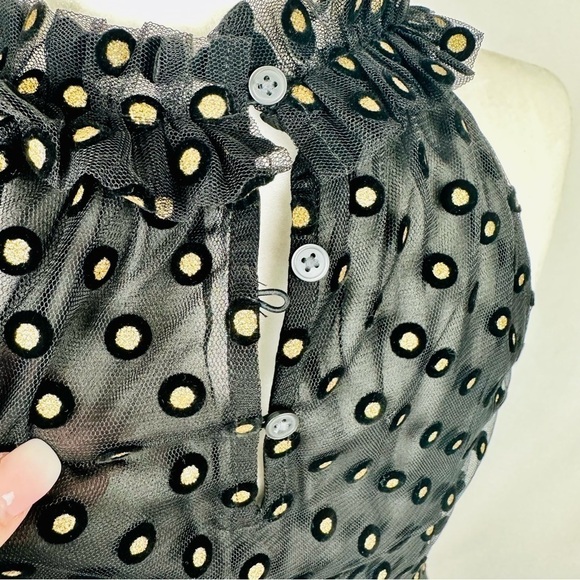 LOFT Metallic Gold Clip Dot Polka Dot Black Ruffle Yoke  Sleeveless Blouse XS - Picture 5 of 9